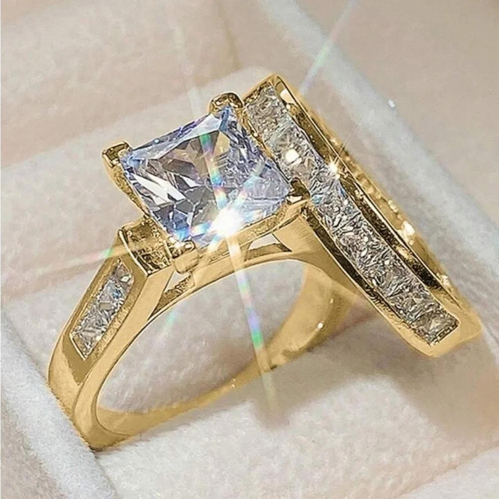 Princess Cut Moissanite Engagement and band set, 14K Yellow Gold Plated Set - Picture 9 of 11
